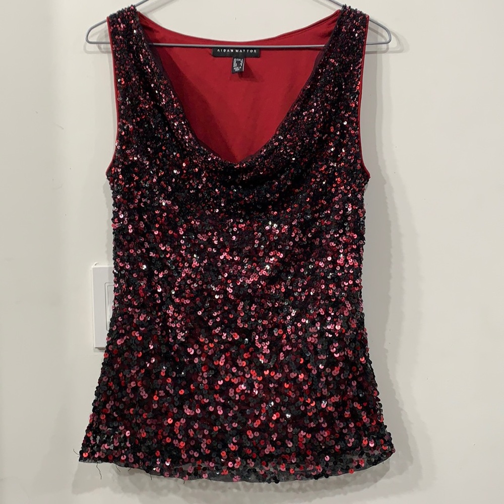 Aidan Mattox Sequined Red/ Black Blouse / Top Party New Years Eve Cocktail 4